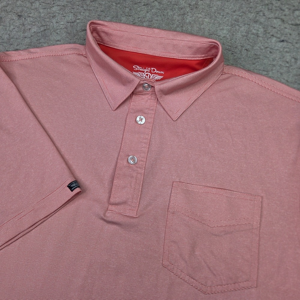 Straight Down Golf Performance Polo Shirt Mens L Red Striped Short Sleeve Logo